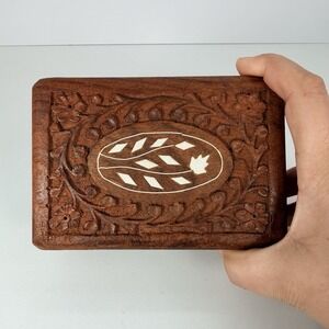 Hand Carved Wooden Jewelry Box Vintage Floral Inlay India Trinket Box